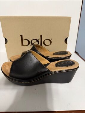 Women's Black Leather Wedge Slide Sandals